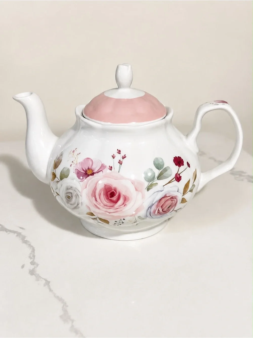 Floral Porcelain Teapot with Pink Lid - Elegant Rose Design